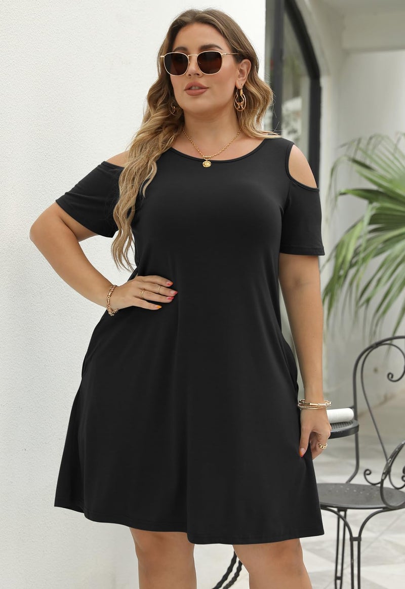Nemidor Plus Size Dresses for Curvy Women Summer Casual Cold Shoulder T-Shirt Swing Short Sleeve Mini Dress with Pockets(133,20,Black) - Image 3